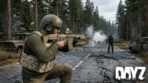 A DayZ survivor kneeling on a cracked asphalt road in Chernarus, firing the new tan SCR17 modular rifle system introduced in the 1.29 Experimental update with bullet casings flying.