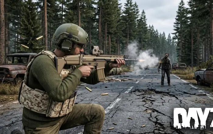 A DayZ survivor kneeling on a cracked asphalt road in Chernarus, firing the new tan SCR17 modular rifle system introduced in the 1.29 Experimental update with bullet casings flying.