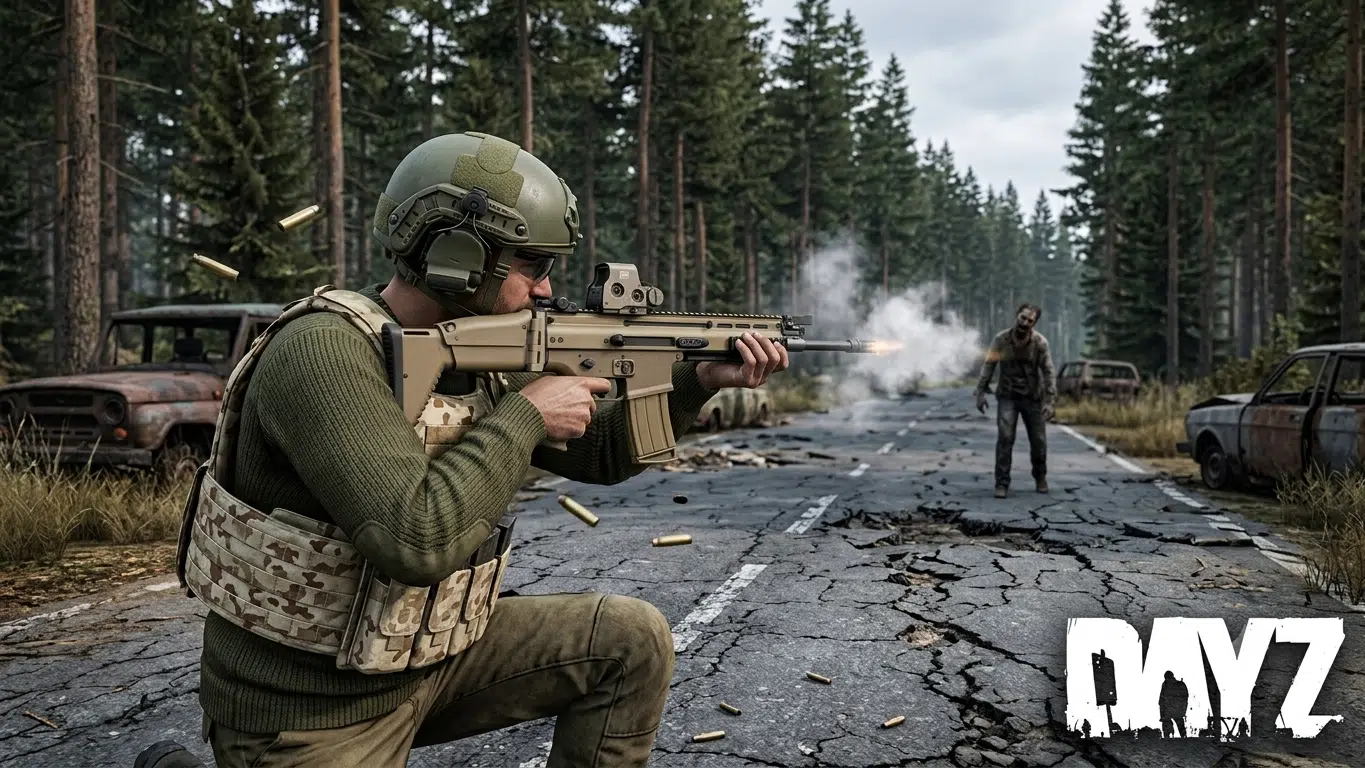 A DayZ survivor kneeling on a cracked asphalt road in Chernarus, firing the new tan SCR17 modular rifle system introduced in the 1.29 Experimental update with bullet casings flying.